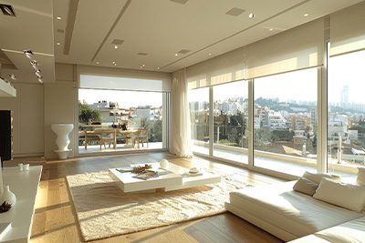 Modern living room with large windows