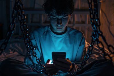 Boy with social media addiction