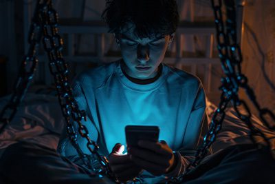 Boy with social media addiction